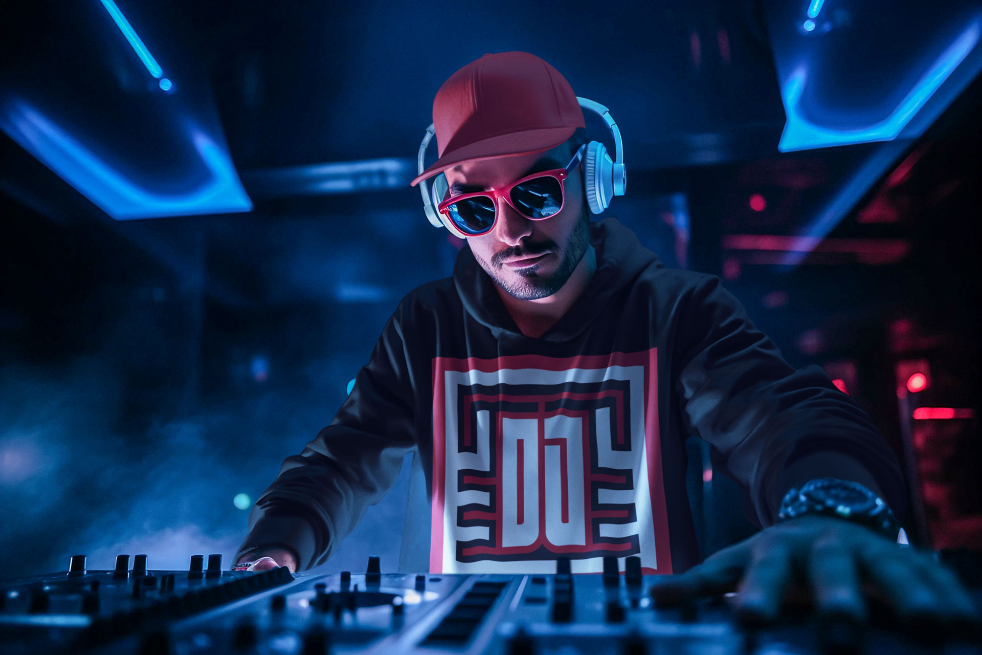 ai-generated-mockup-featuring-a-dj-wearing-a-hoodie-at-a-night-club-m36398